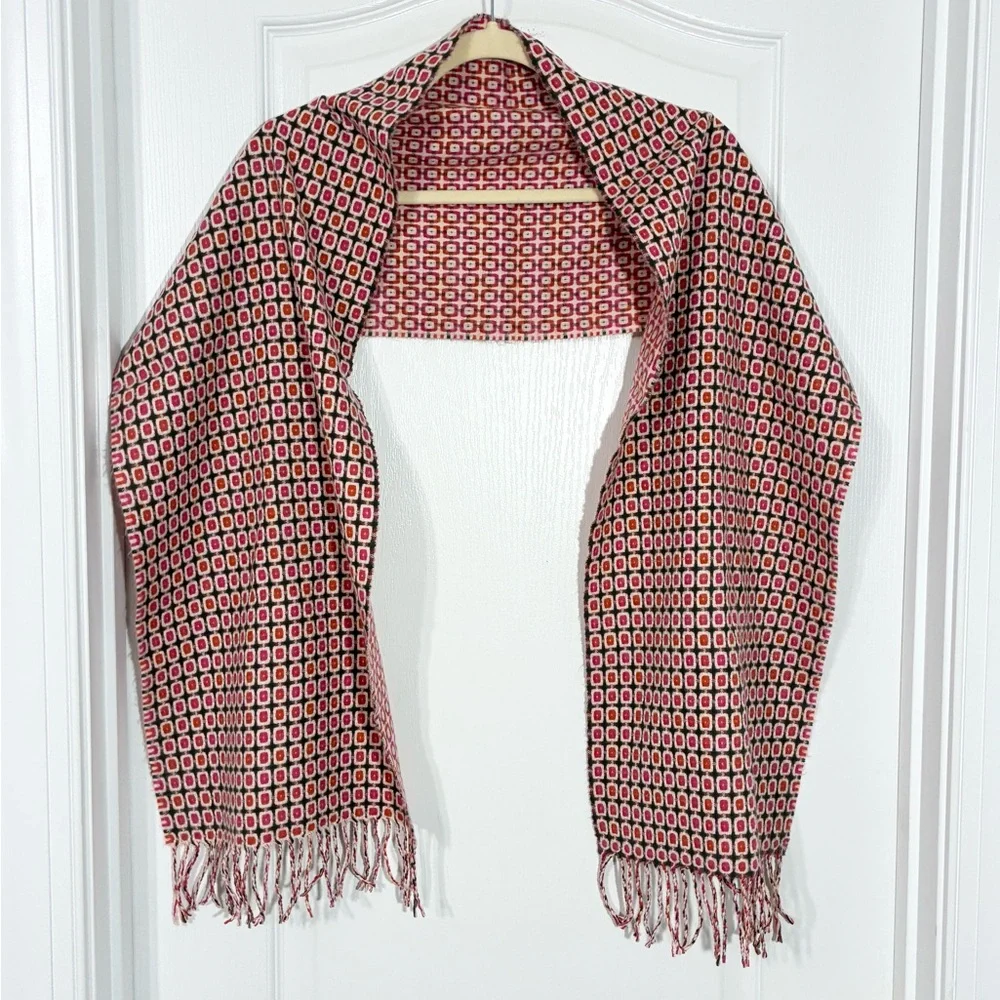 Mod Geometric Fringe Scarf Pink Orange Gray 70x12